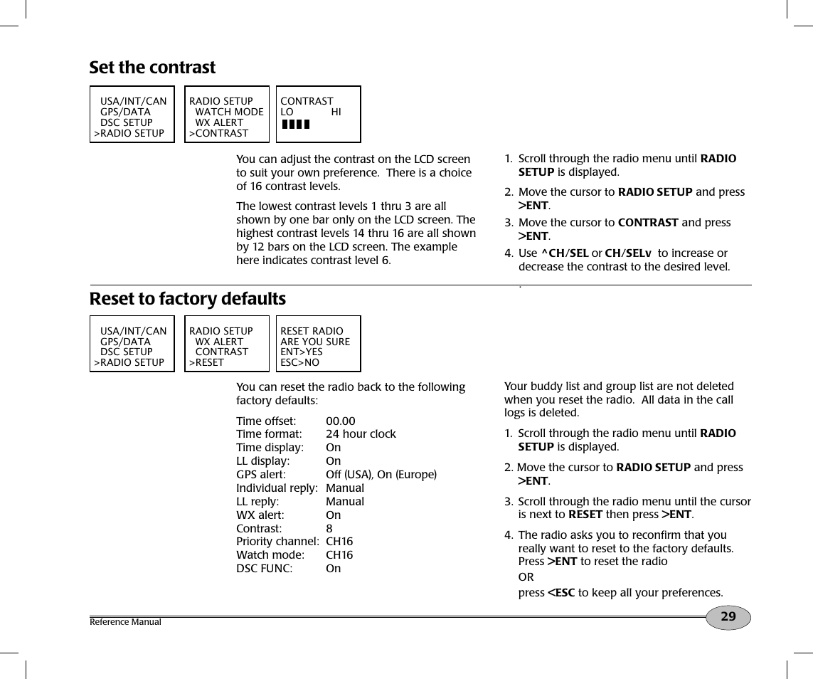 Reset to factory defaults, Set the contrast | NorthStar Navigation Northstar NS100 User Manual | Page 30 / 74