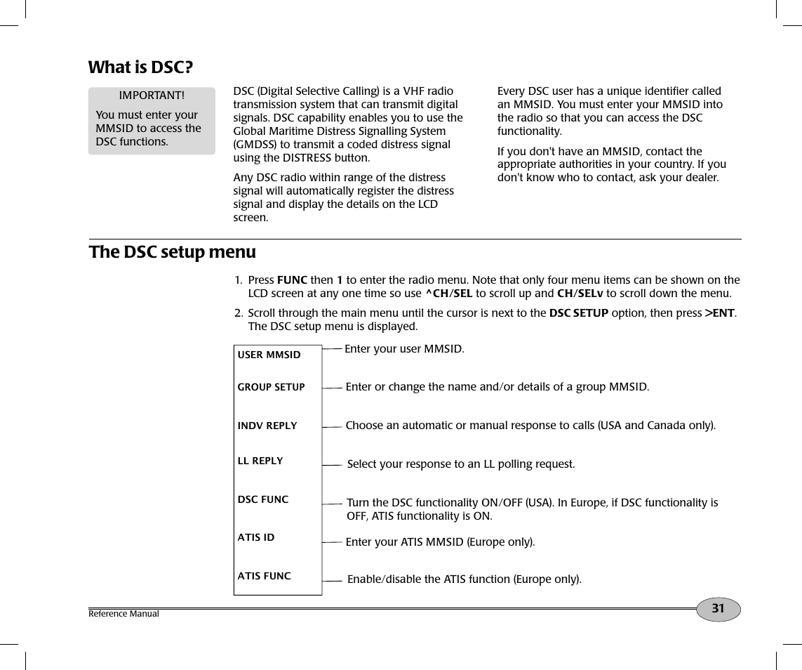 What is dsc, The dsc setup menu | NorthStar Navigation Northstar NS100 User Manual | Page 32 / 74