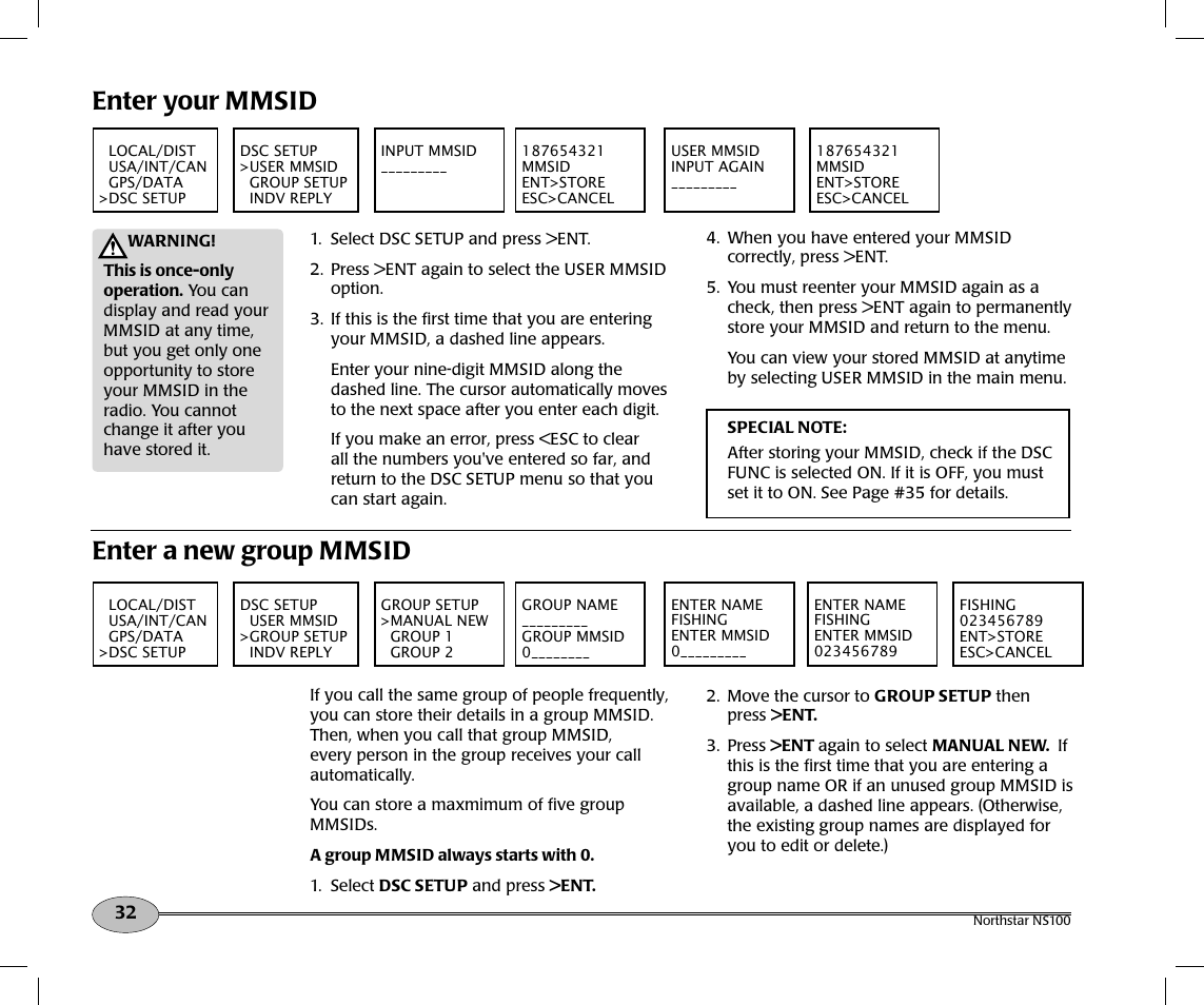 Enter your mmsid, Enter a new group mmsid | NorthStar Navigation Northstar NS100 User Manual | Page 33 / 74