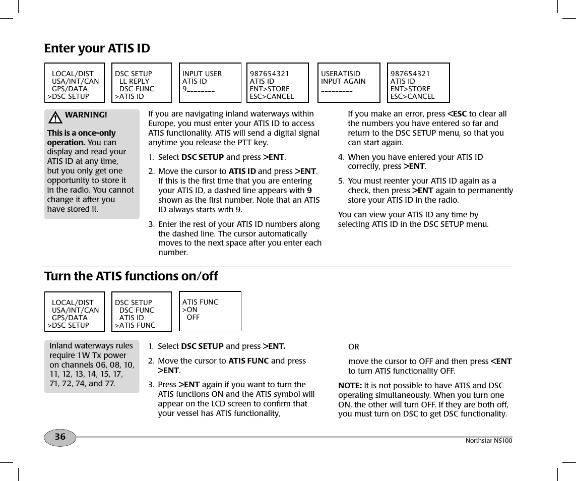 Enter your atis id, Turn the atis functions on/off | NorthStar Navigation Northstar NS100 User Manual | Page 37 / 74