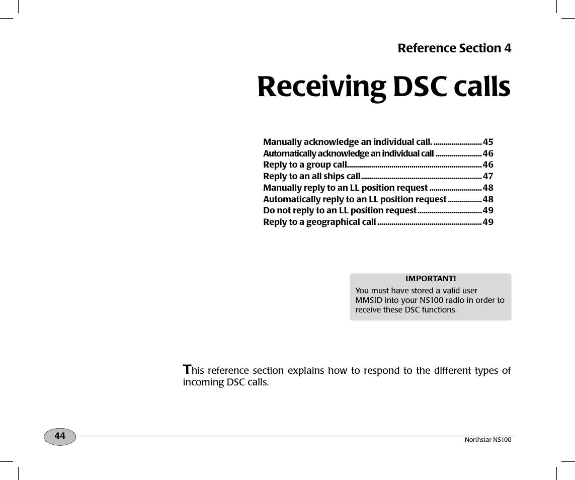 Receiving dsc calls | NorthStar Navigation Northstar NS100 User Manual | Page 45 / 74