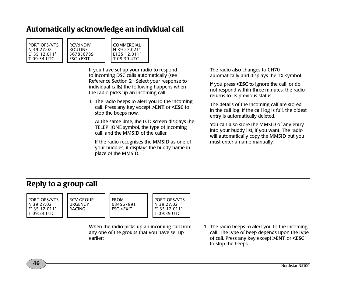 Reply to a group call, Automatically acknowledge an individual call | NorthStar Navigation Northstar NS100 User Manual | Page 47 / 74