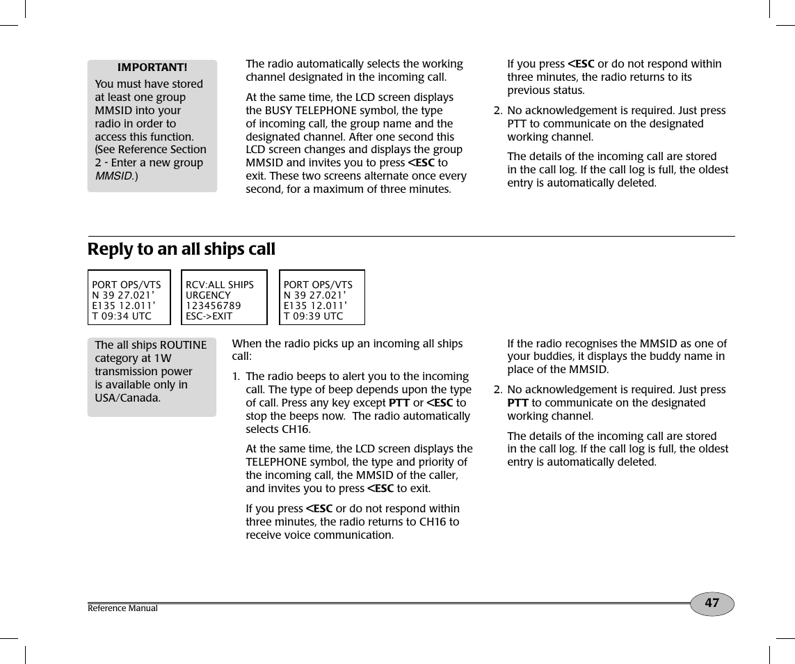 Reply to an all ships call | NorthStar Navigation Northstar NS100 User Manual | Page 48 / 74