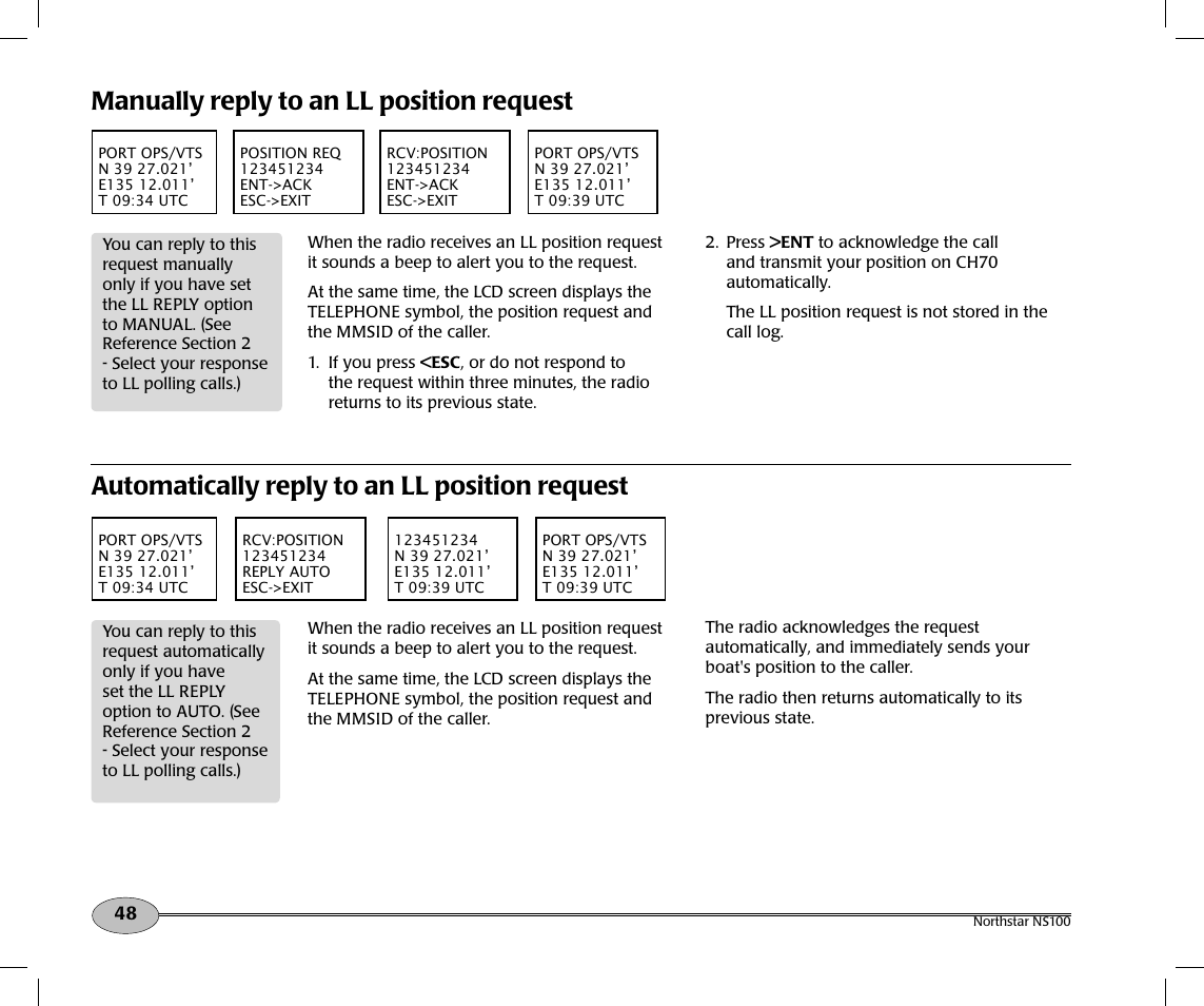 Manually reply to an ll position request, Automatically reply to an ll position request | NorthStar Navigation Northstar NS100 User Manual | Page 49 / 74