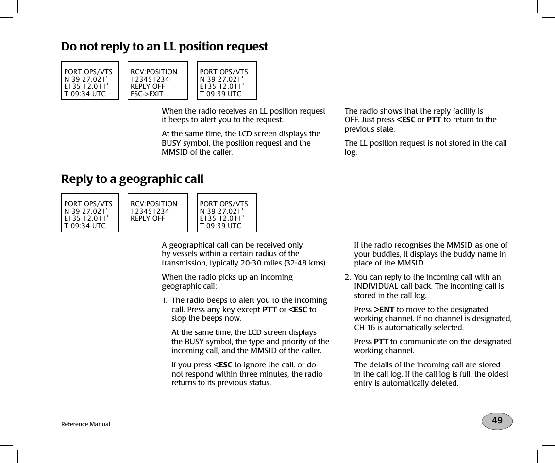 Do not reply to an ll position request, Reply to a geographic call | NorthStar Navigation Northstar NS100 User Manual | Page 50 / 74