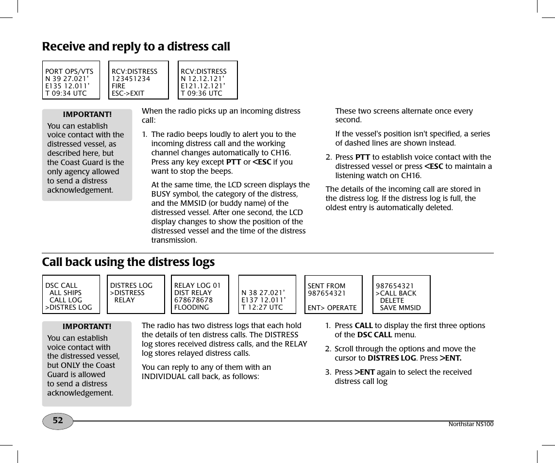 Receive and reply to a distress call, Call back using the distress logs | NorthStar Navigation Northstar NS100 User Manual | Page 53 / 74