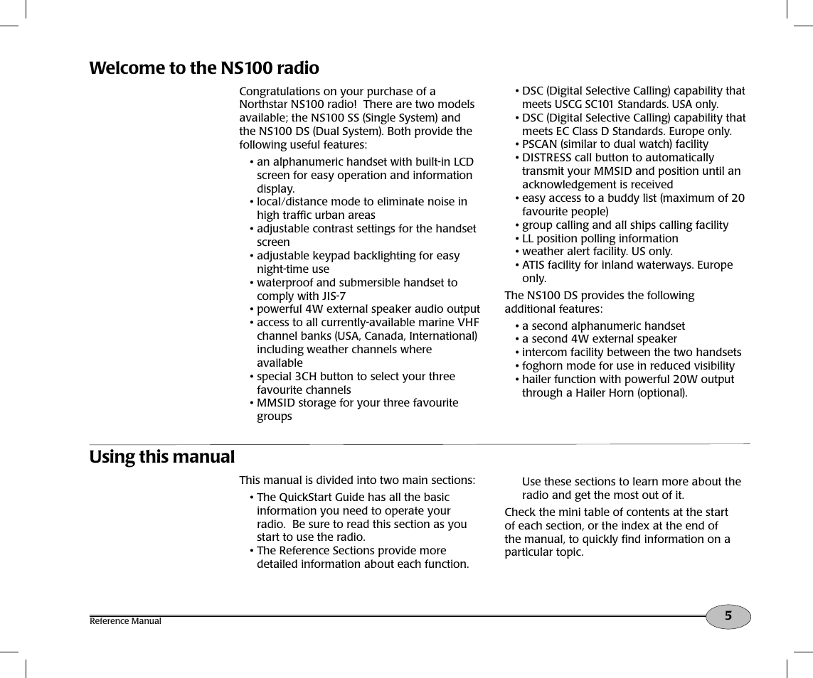 Welcome to the ns100 radio, Using this manual | NorthStar Navigation Northstar NS100 User Manual | Page 6 / 74