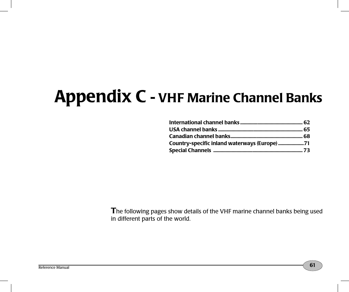 Appendix c, Vhf marine channel banks | NorthStar Navigation Northstar NS100 User Manual | Page 62 / 74