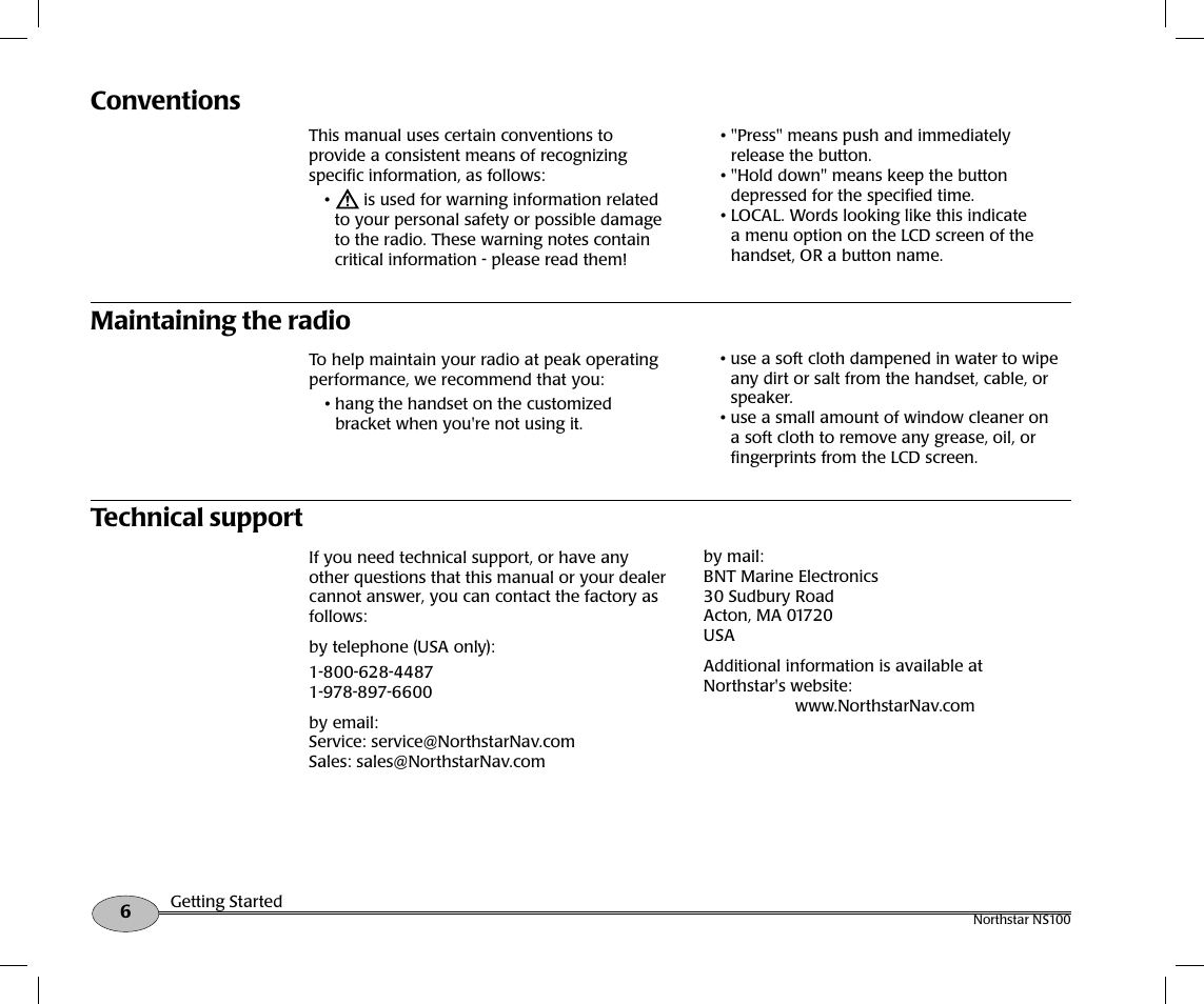 Maintaining the radio, Conventions, Technical support | NorthStar Navigation Northstar NS100 User Manual | Page 7 / 74