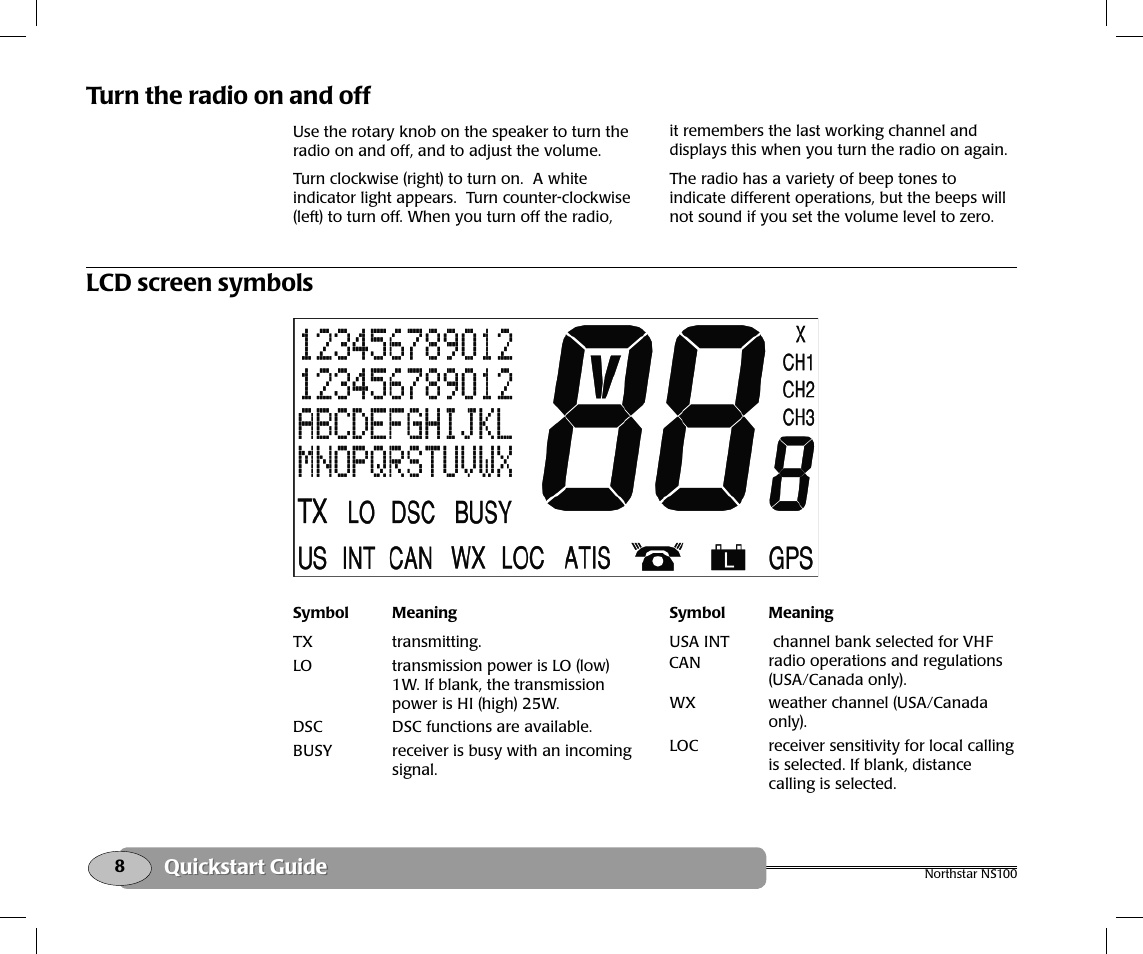 Lcd screen symbols, Turn the radio on and off | NorthStar Navigation Northstar NS100 User Manual | Page 9 / 74