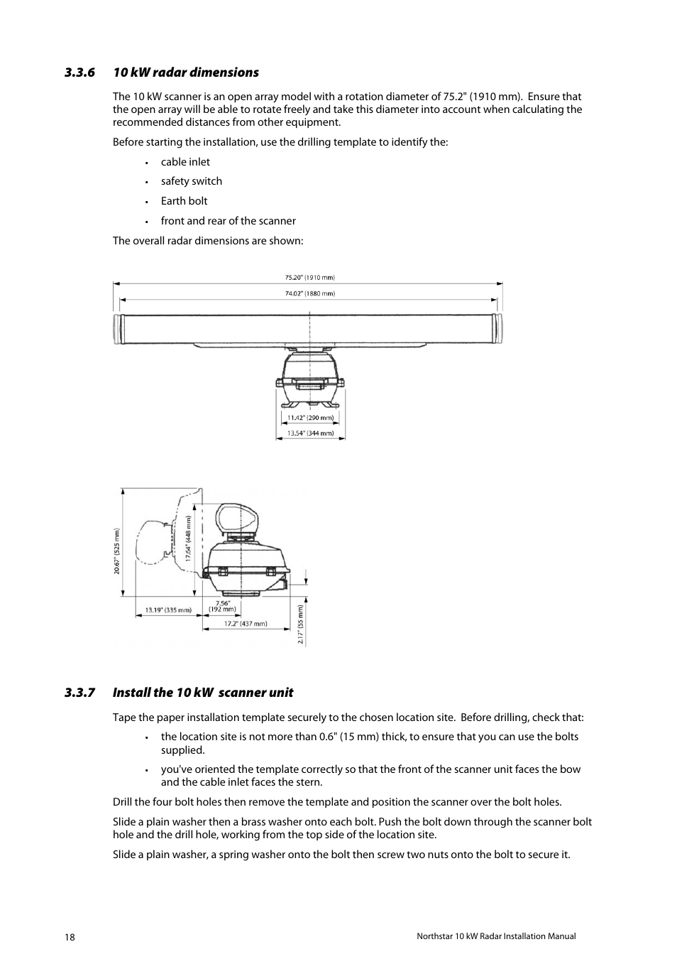 10 kw radar dimensions, Install the 10 kw scanner unit, 6 10 kw radar dimensions | 7 install the 10 kw scanner unit | NorthStar Navigation 10 kW User Manual | Page 18 / 51