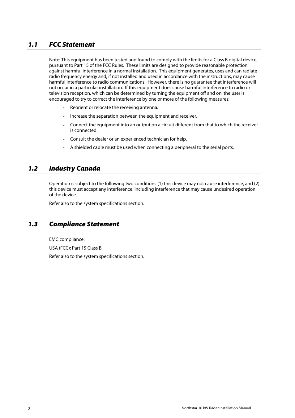 1 fcc statement, 2 industry canada, 3 compliance statement | NorthStar Navigation 10 kW User Manual | Page 2 / 51