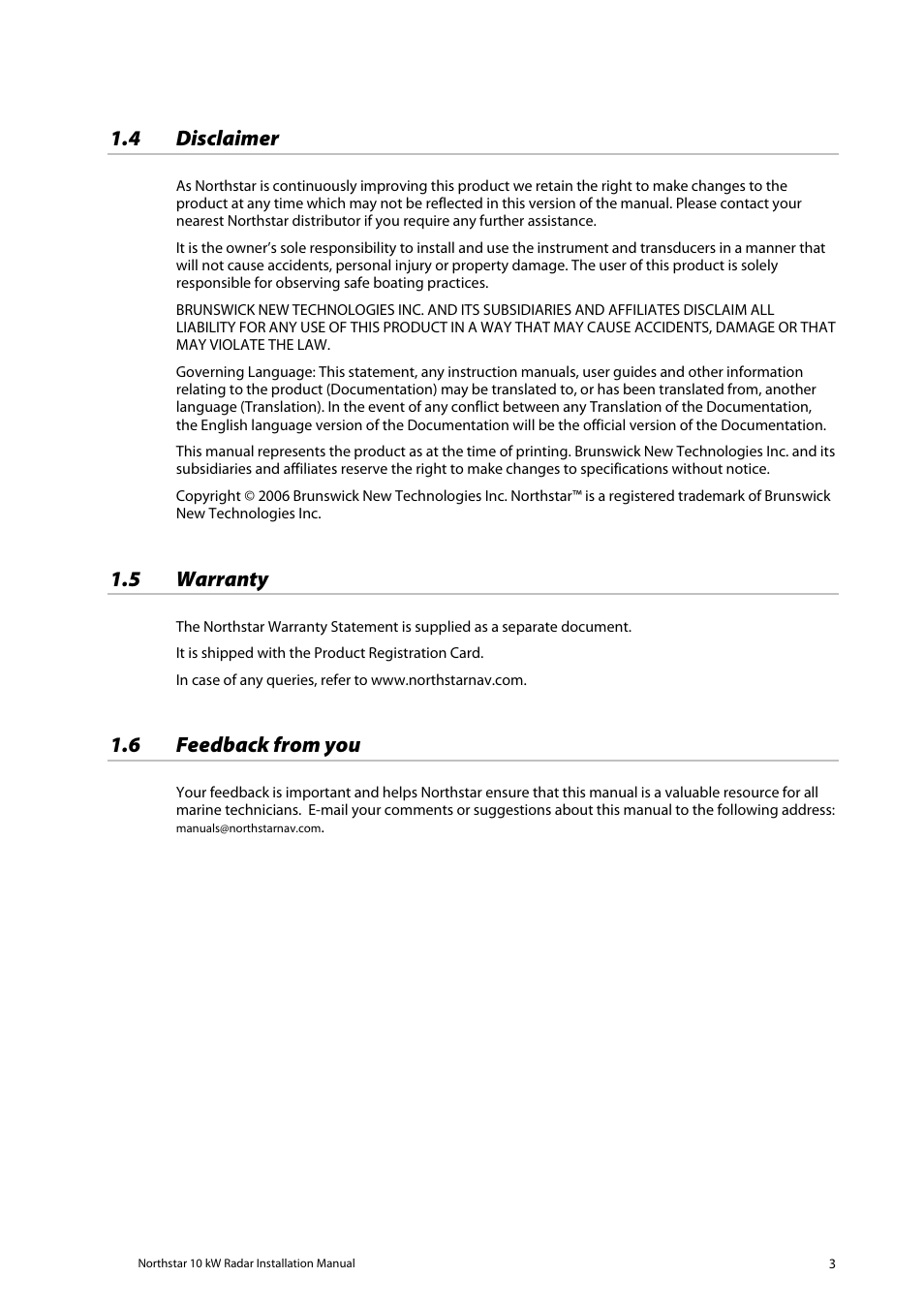 4 disclaimer, 5 warranty, 6 feedback from you | NorthStar Navigation 10 kW User Manual | Page 3 / 51