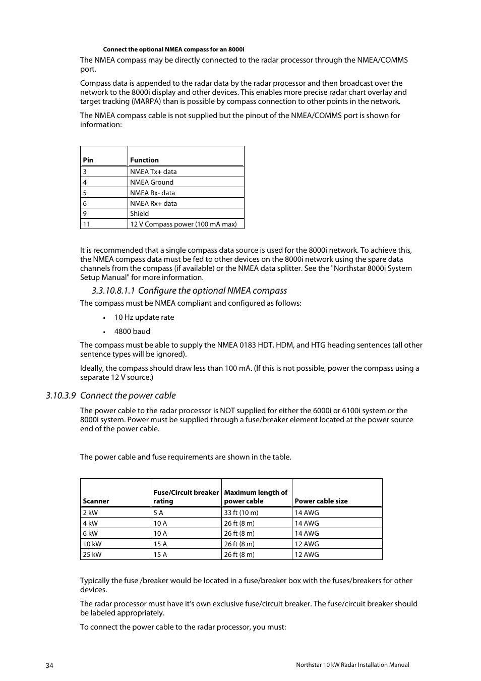 1 configure the optional nmea compass, 9 connect the power cable | NorthStar Navigation 10 kW User Manual | Page 34 / 51