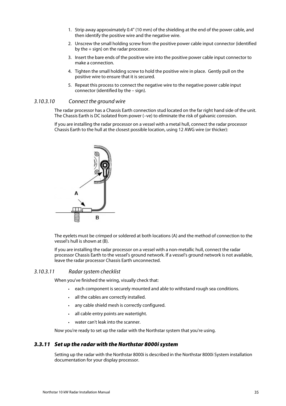 Set up the radar with the northstar 8000i system, 10 connect the ground wire, 11 radar system checklist | NorthStar Navigation 10 kW User Manual | Page 35 / 51