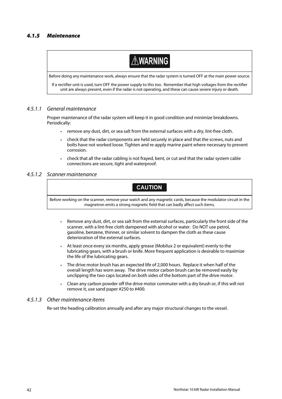 Maintenance, 5 maintenance, 1 general maintenance | 2 scanner maintenance, 3 other maintenance items | NorthStar Navigation 10 kW User Manual | Page 42 / 51