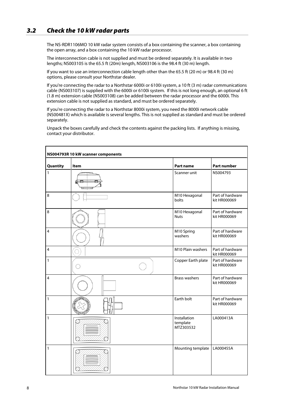 Check the 10 kw radar parts, 2 check the 10 kw radar parts | NorthStar Navigation 10 kW User Manual | Page 8 / 51