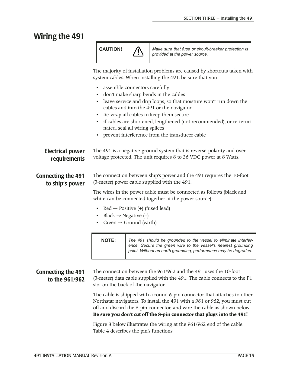 Wiring the 491, Electrical power requirements, Connecting the 491 to ship’s power | Connecting the 491 to the 961/962 | NorthStar Navigation 491 User Manual | Page 19 / 38