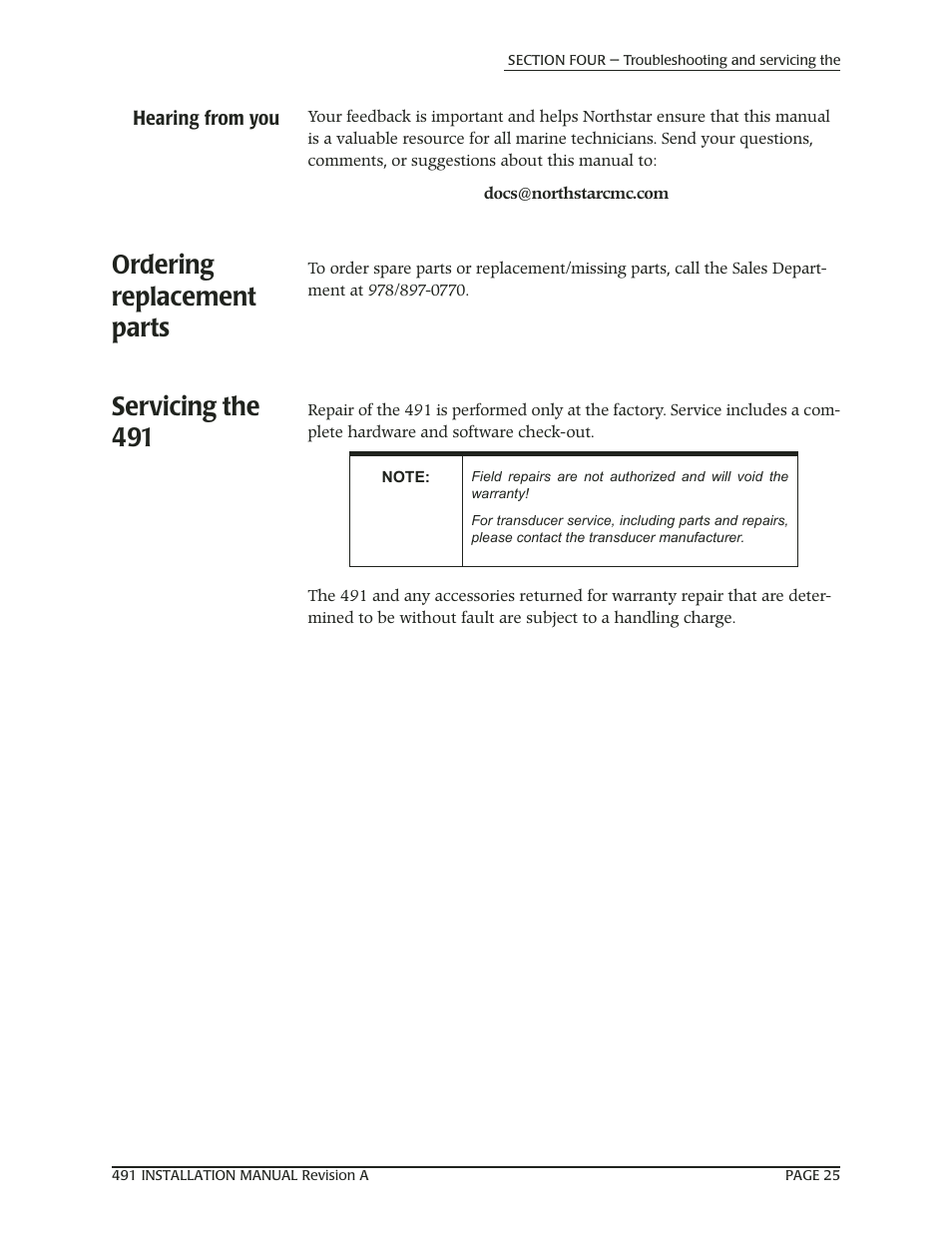 Hearing from you, Ordering replacement parts, Servicing the 491 | NorthStar Navigation 491 User Manual | Page 29 / 38