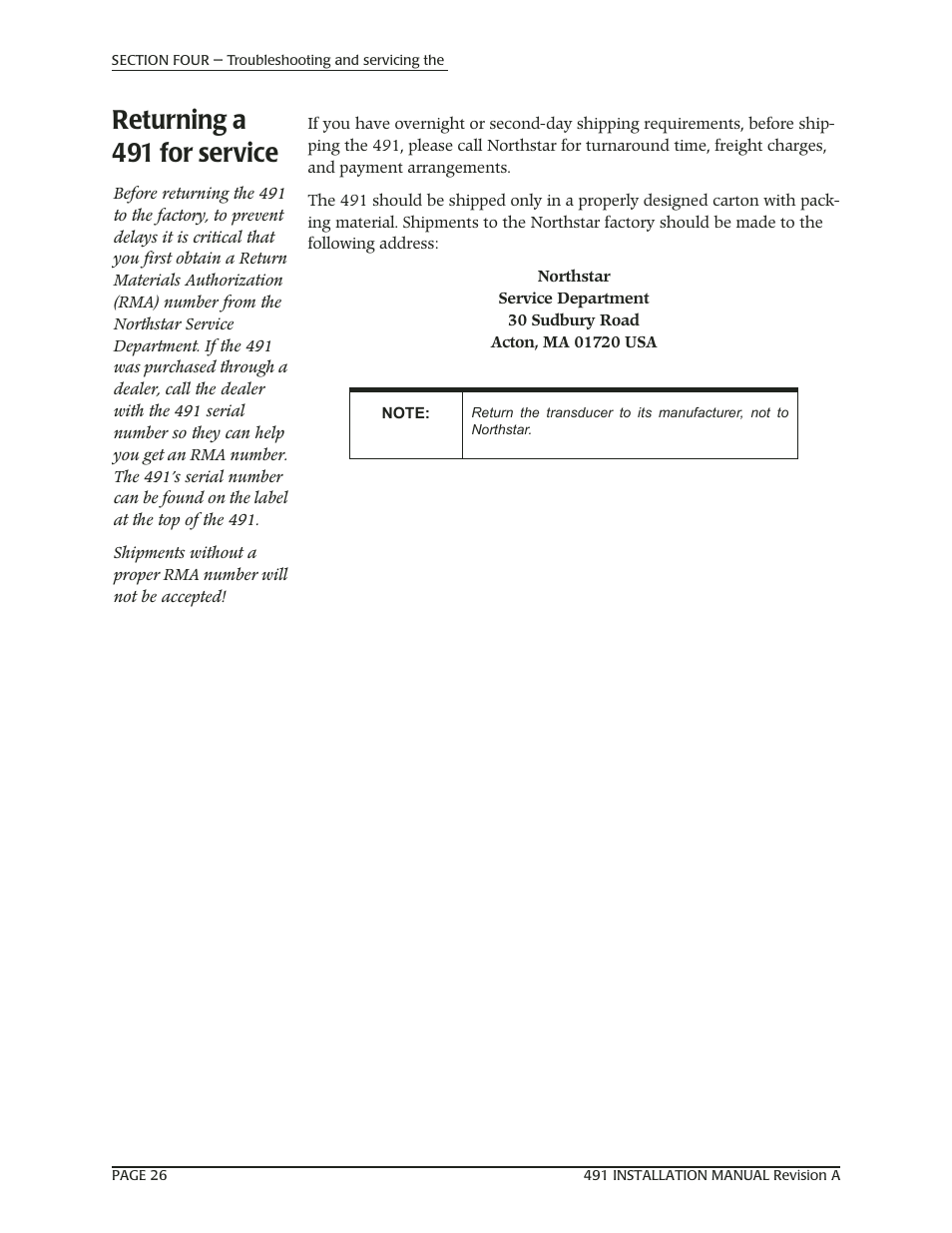 Returning a 491 for service | NorthStar Navigation 491 User Manual | Page 30 / 38