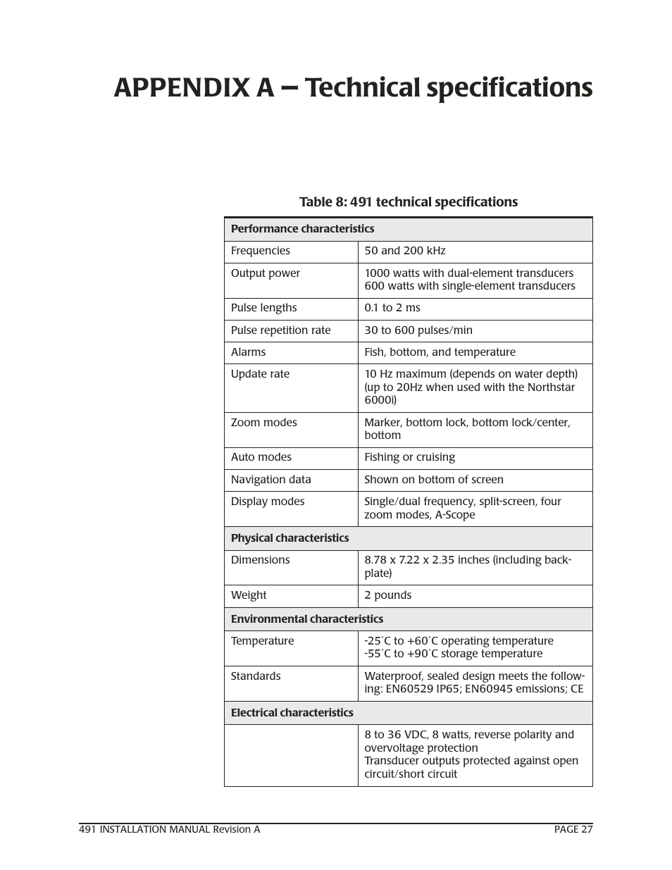 Appendix a - technical specifications, Appendix a — technical specifications | NorthStar Navigation 491 User Manual | Page 31 / 38