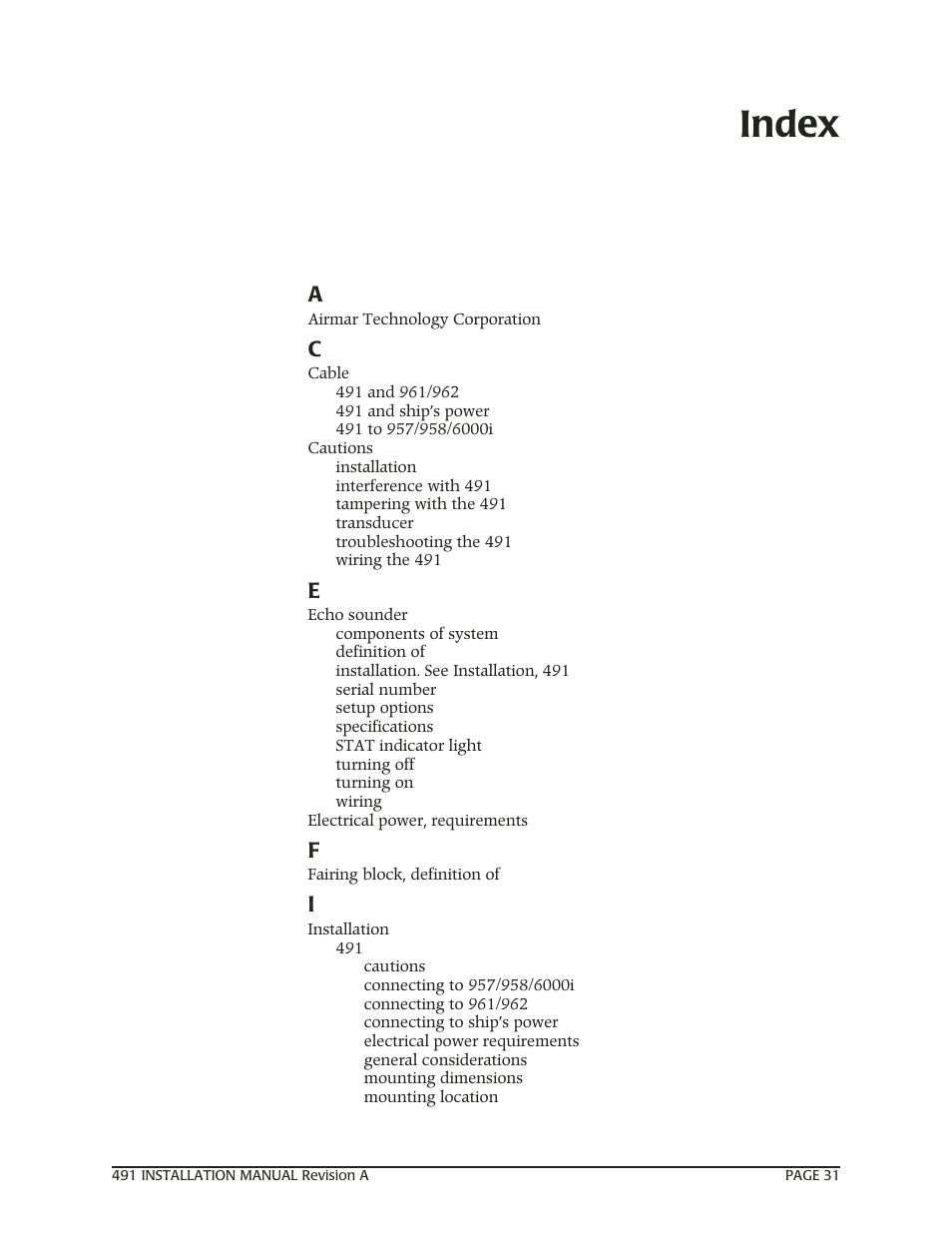 Index | NorthStar Navigation 491 User Manual | Page 35 / 38