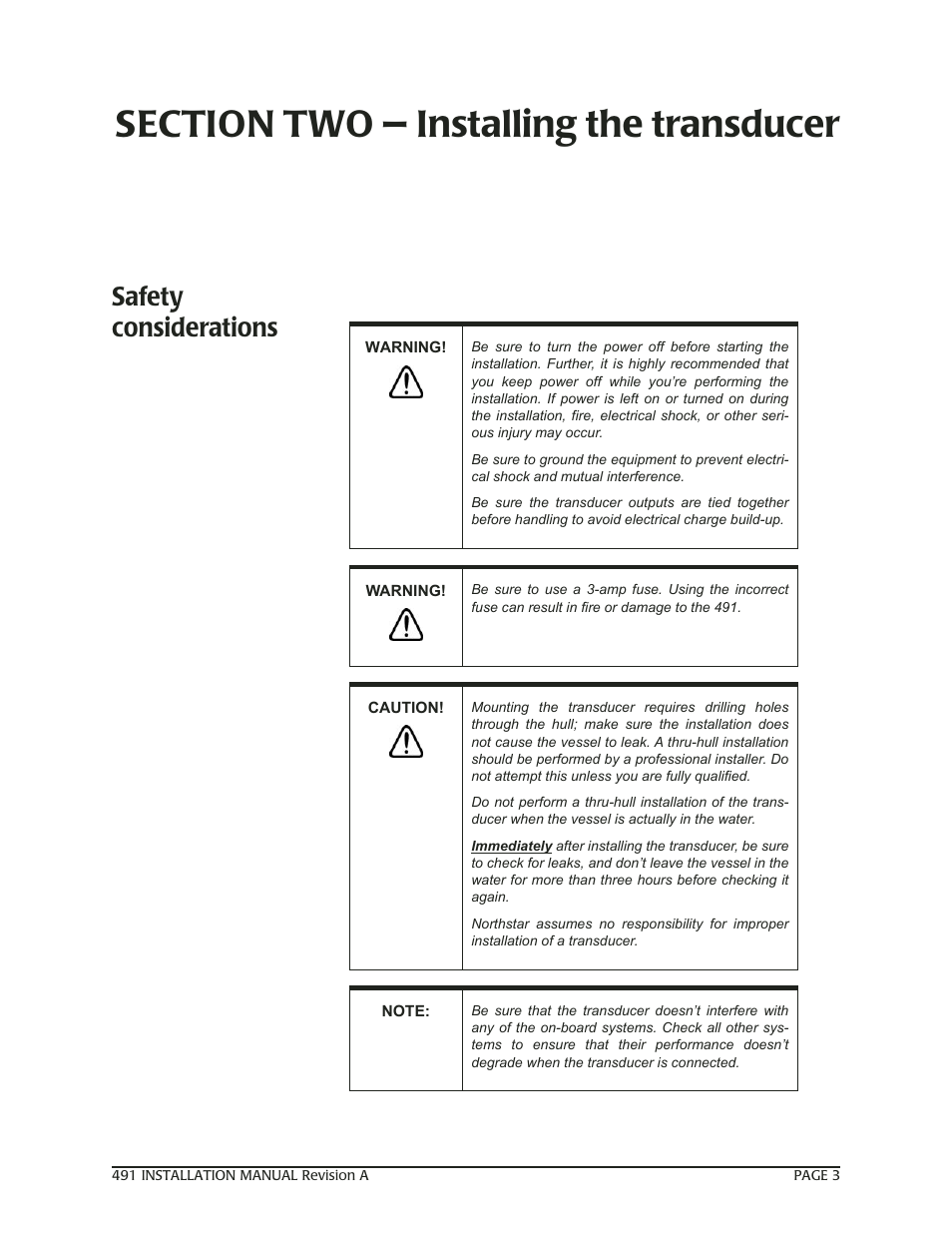 Section two - installing the transducer, Safety considerations, Section two — installing the transducer | NorthStar Navigation 491 User Manual | Page 7 / 38