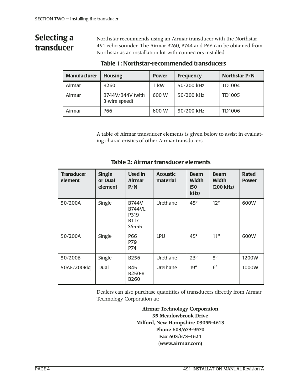 Selecting a transducer | NorthStar Navigation 491 User Manual | Page 8 / 38