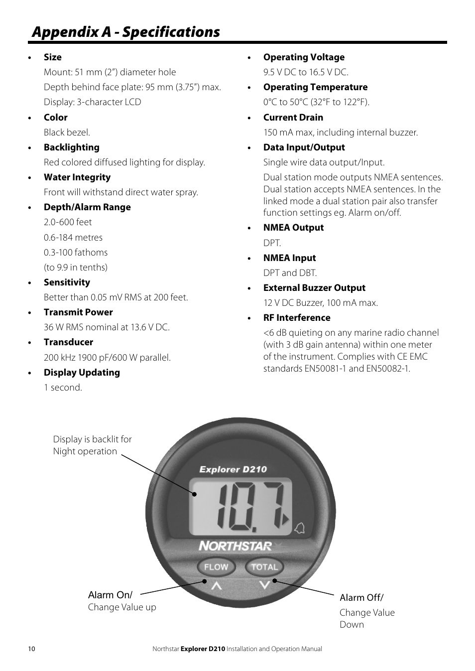 Appendix a - specifications | NorthStar Navigation EXPLORER D210 User Manual | Page 10 / 12