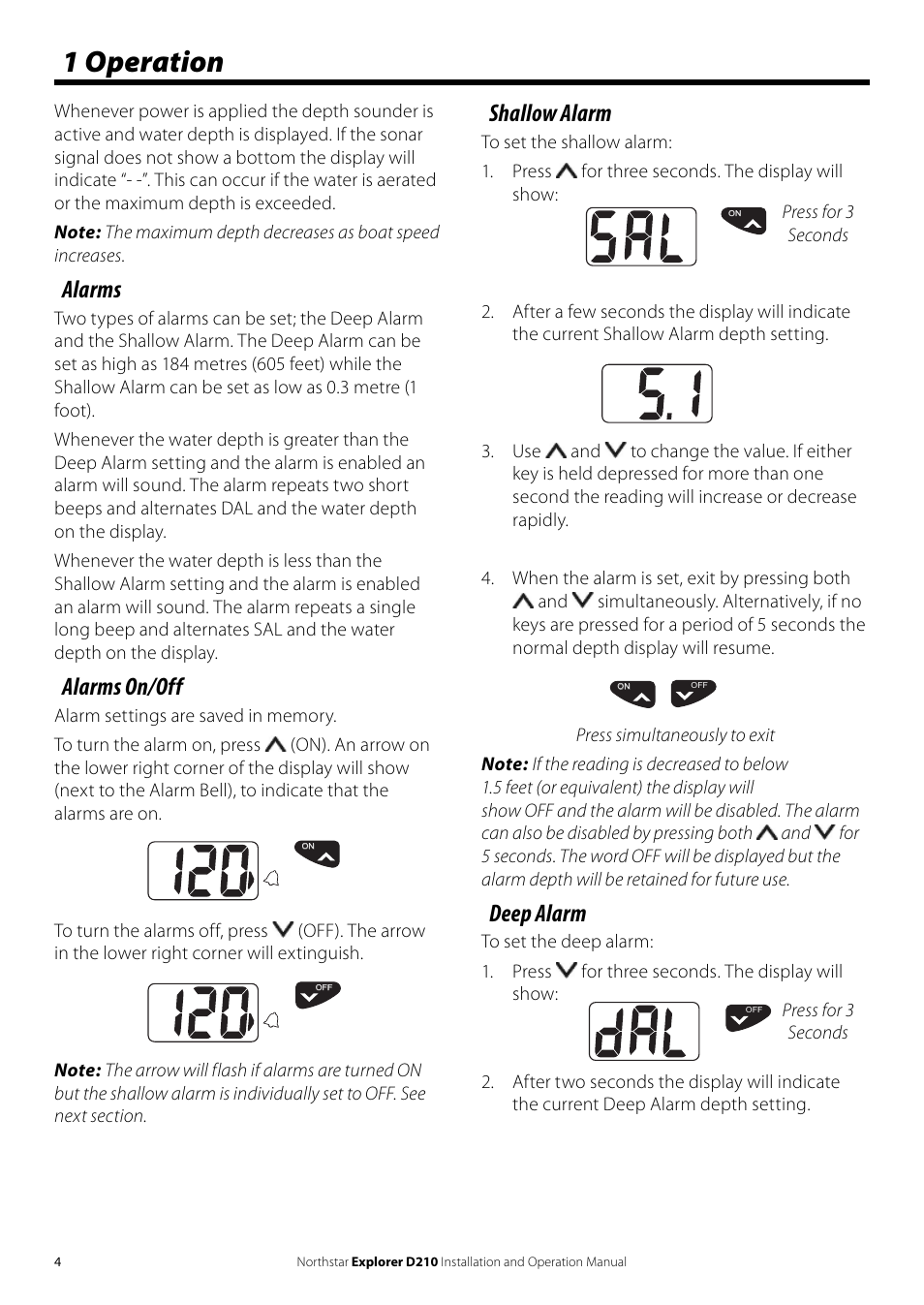 1 operation, Alarms, Alarms on/off | Shallow alarm, Deep alarm, Press for 3 seconds | NorthStar Navigation EXPLORER D210 User Manual | Page 4 / 12