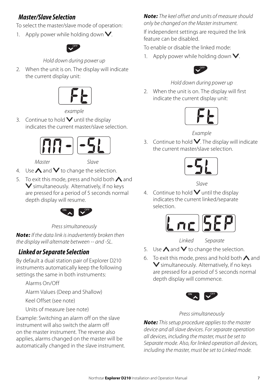 Master/slave selection, Linked or separate selection | NorthStar Navigation EXPLORER D210 User Manual | Page 7 / 12