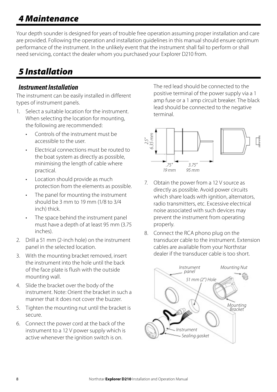 5 installation, 4 maintenance, Instrument installation | NorthStar Navigation EXPLORER D210 User Manual | Page 8 / 12