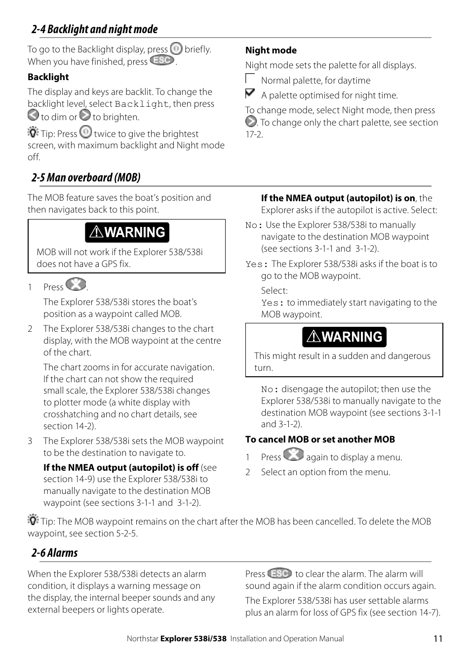 4 backlight and night mode, 5 man overboard (mob), 6 alarms | NorthStar Navigation Explorer 538i User Manual | Page 11 / 64