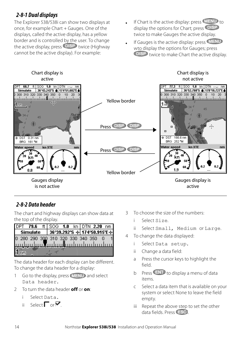 8-1 dual displays, 8-2 data header | NorthStar Navigation Explorer 538i User Manual | Page 14 / 64