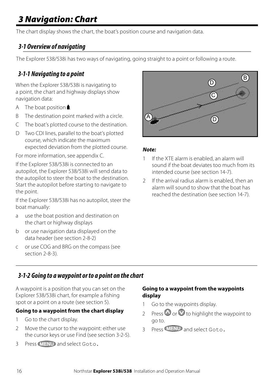3 navigation: chart, 1-2 going to a waypoint or to a point on the chart, 1-1 navigating to a point | 1 overview of navigating | NorthStar Navigation Explorer 538i User Manual | Page 16 / 64