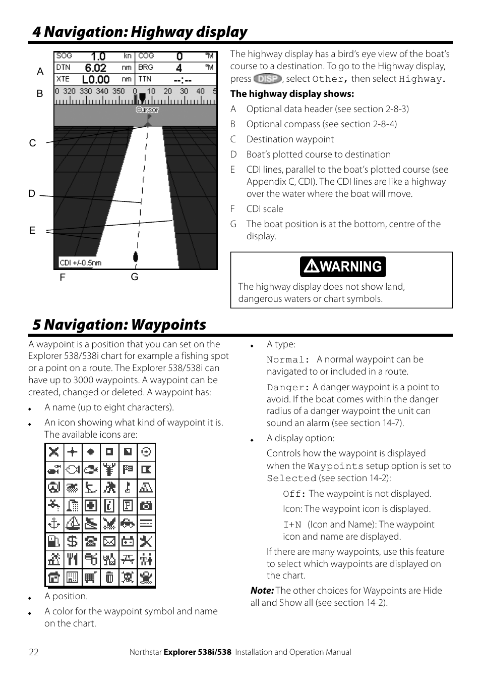 4 navigation: highway display, 5 navigation: waypoints | NorthStar Navigation Explorer 538i User Manual | Page 22 / 64