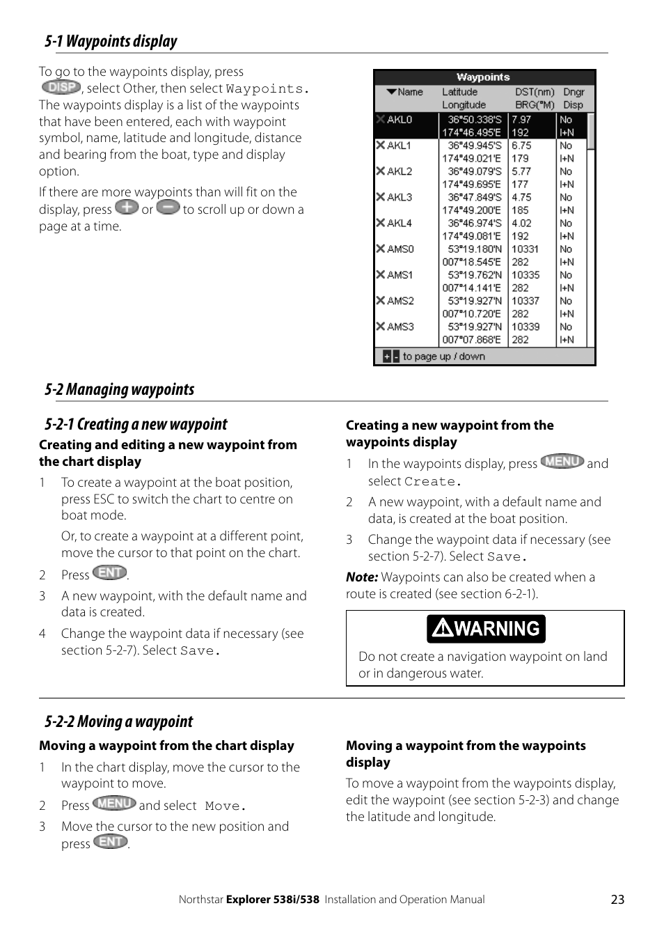 1 waypoints display, 2 managing waypoints 5-2-1 creating a new waypoint, 2-2 moving a waypoint | NorthStar Navigation Explorer 538i User Manual | Page 23 / 64