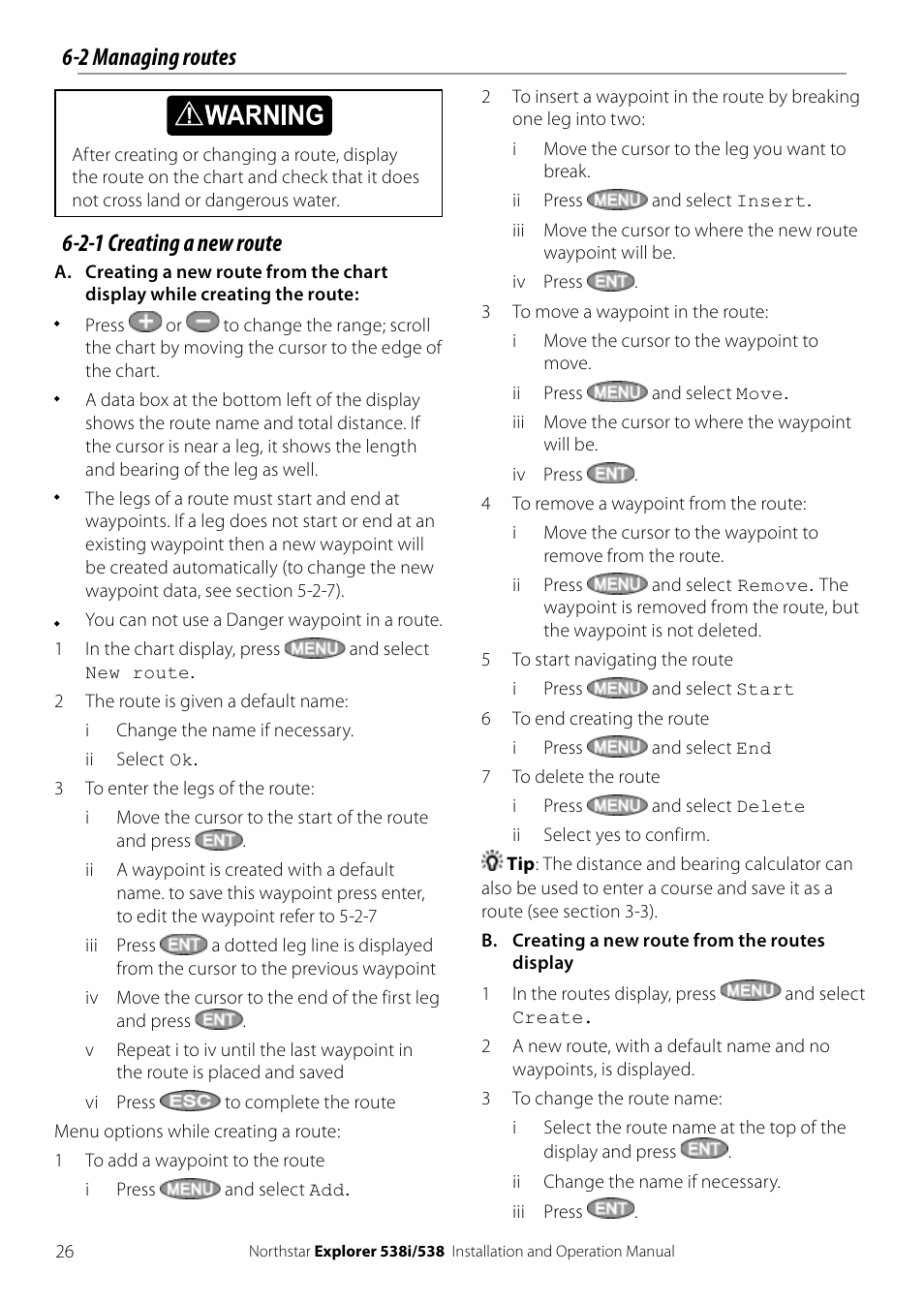 2 managing routes 6-2-1 creating a new route | NorthStar Navigation Explorer 538i User Manual | Page 26 / 64