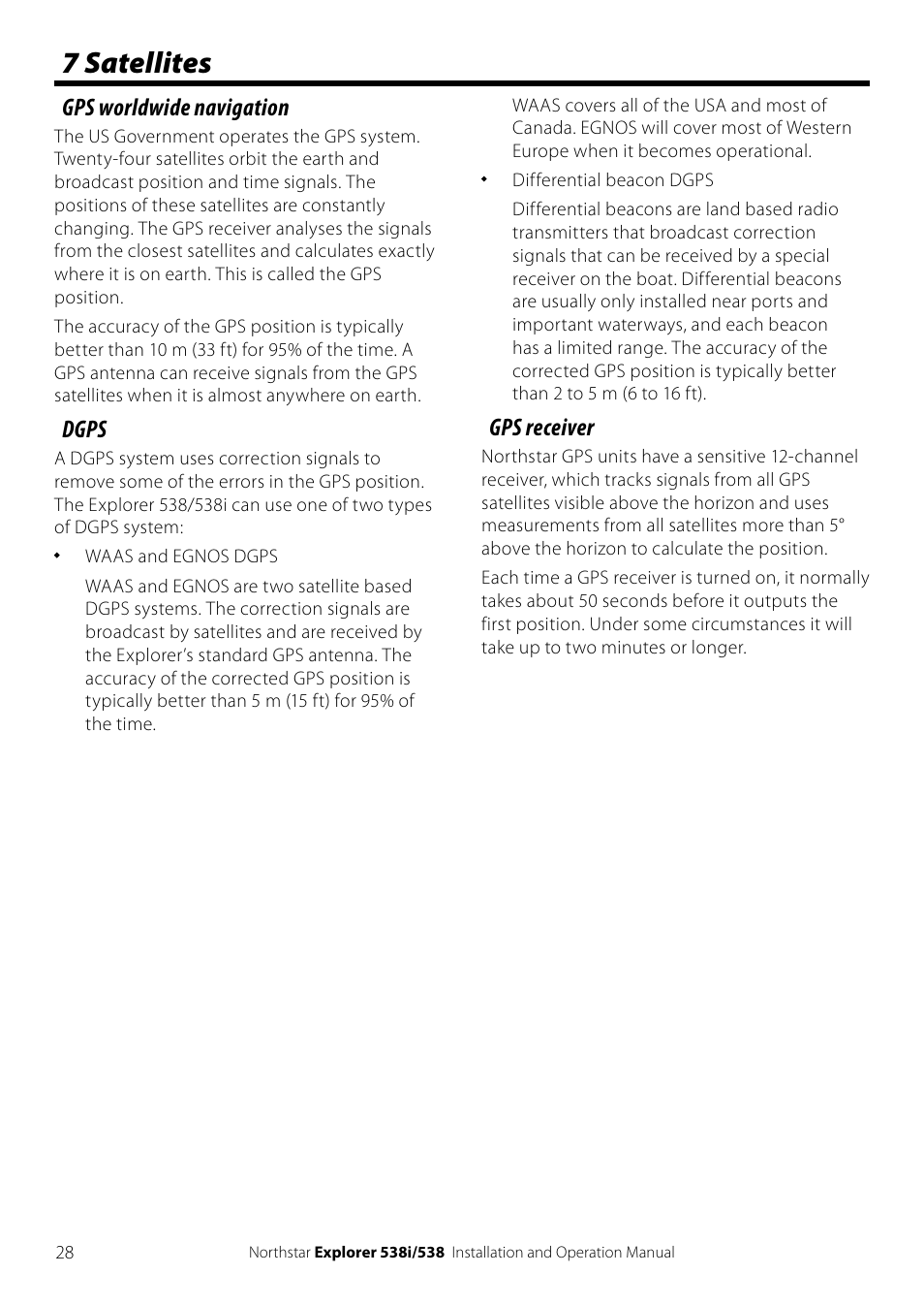 7 satellites, Gps worldwide navigation, Dgps | Gps receiver | NorthStar Navigation Explorer 538i User Manual | Page 28 / 64