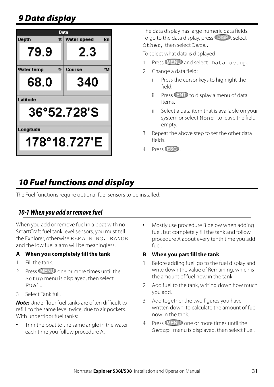 9 data display, 10 fuel functions and display, 1 when you add or remove fuel | NorthStar Navigation Explorer 538i User Manual | Page 31 / 64