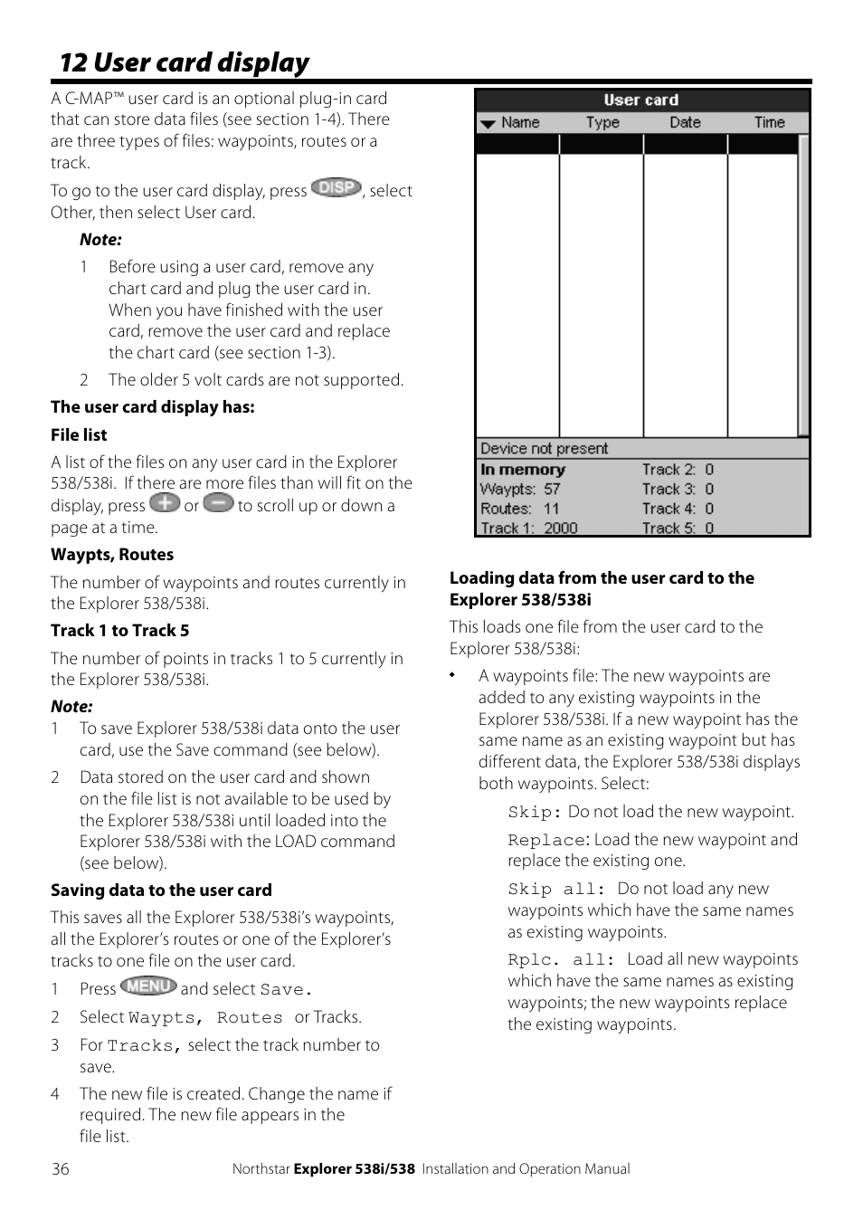 12 user card display | NorthStar Navigation Explorer 538i User Manual | Page 36 / 64