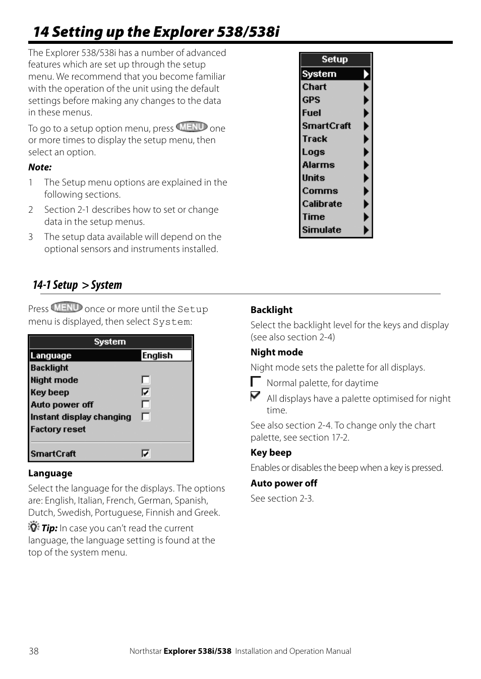 1 setup > system | NorthStar Navigation Explorer 538i User Manual | Page 38 / 64