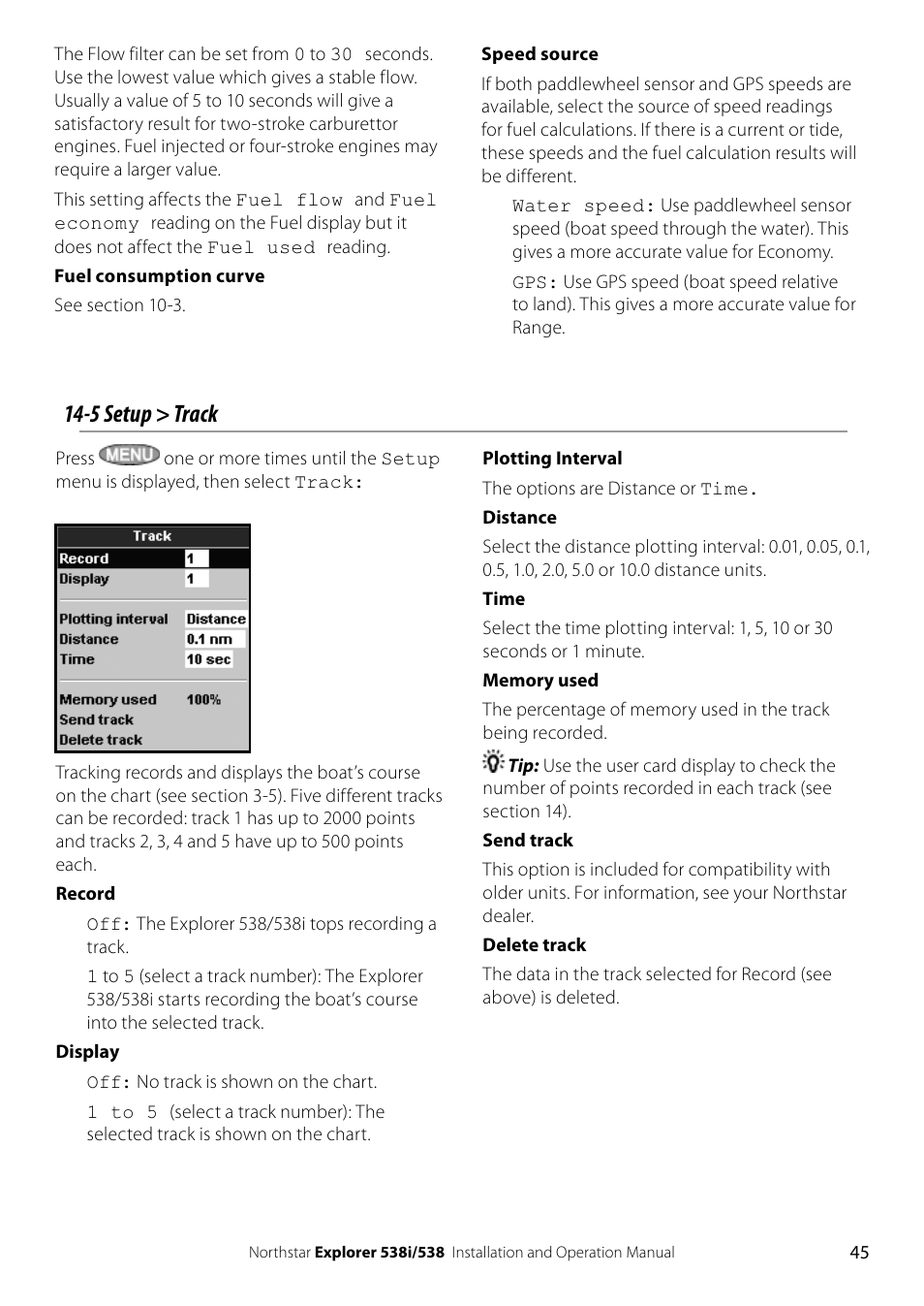 5 setup > track | NorthStar Navigation Explorer 538i User Manual | Page 45 / 64