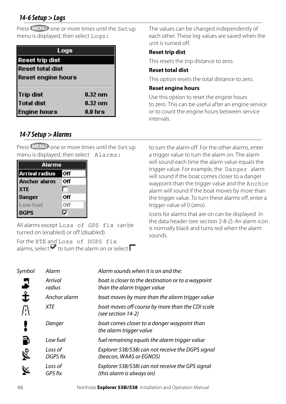 6 setup > logs, 7 setup > alarms | NorthStar Navigation Explorer 538i User Manual | Page 46 / 64