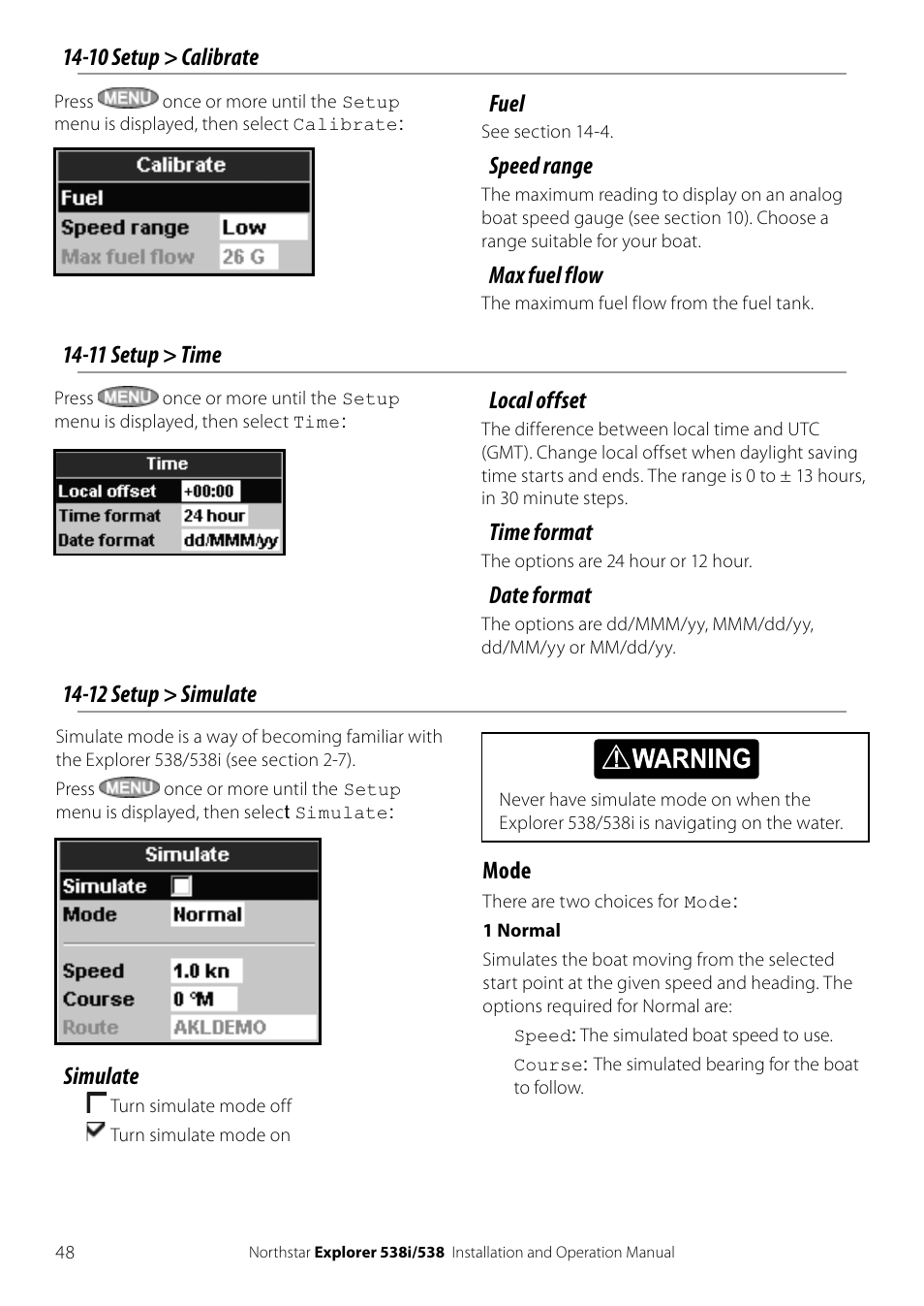 Fuel, Speed range, Max fuel flow | Simulate, Mode, Local offset, Time format, Date format | NorthStar Navigation Explorer 538i User Manual | Page 48 / 64