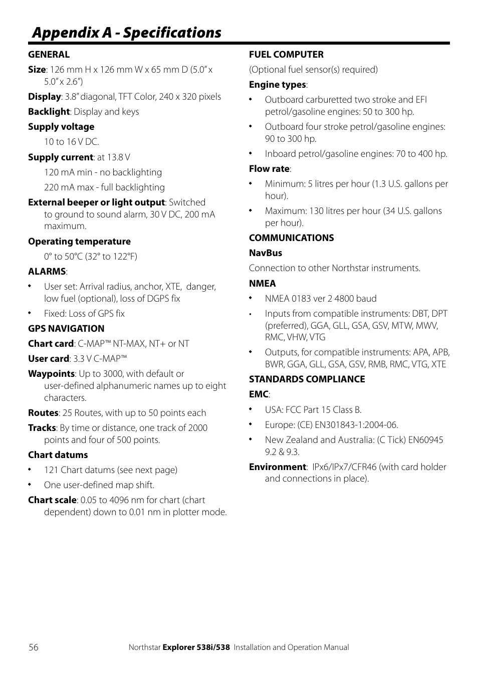 Appendix a - specifications | NorthStar Navigation Explorer 538i User Manual | Page 56 / 64