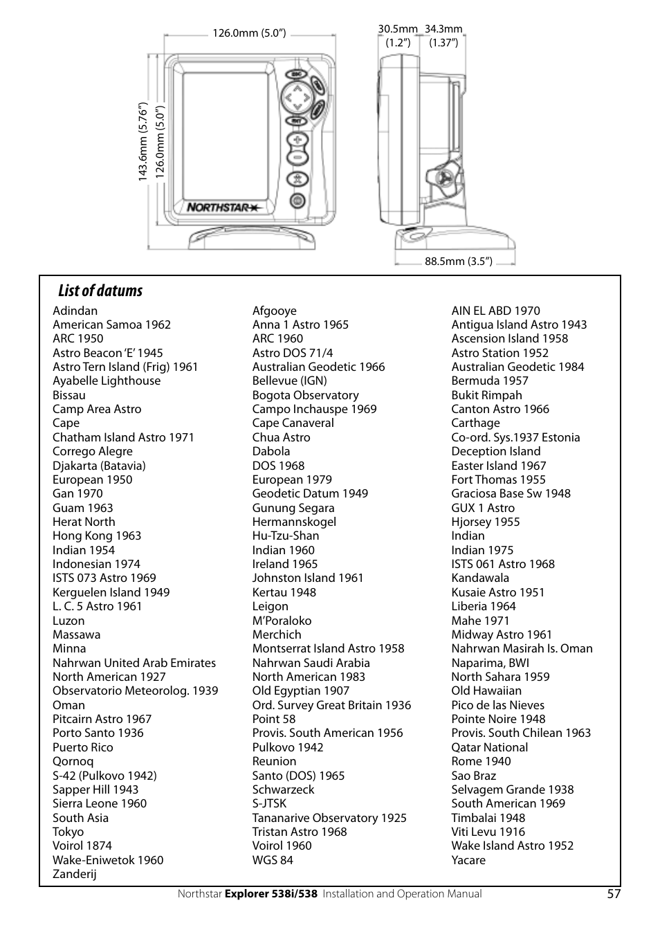 List of datums | NorthStar Navigation Explorer 538i User Manual | Page 57 / 64