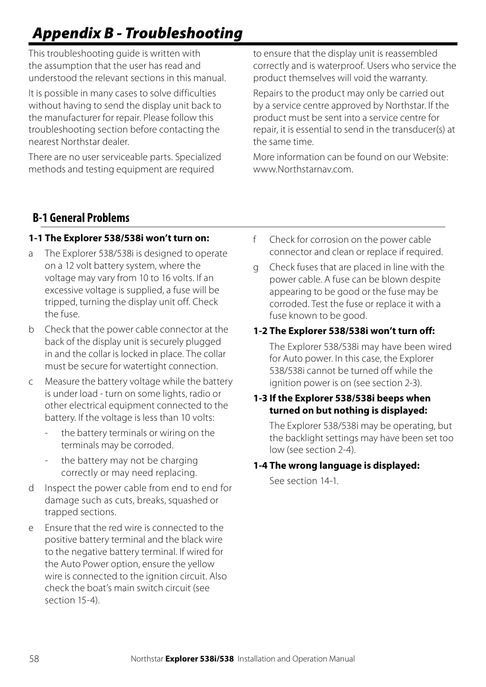 Appendix b - troubleshooting, B-1 general problems | NorthStar Navigation Explorer 538i User Manual | Page 58 / 64