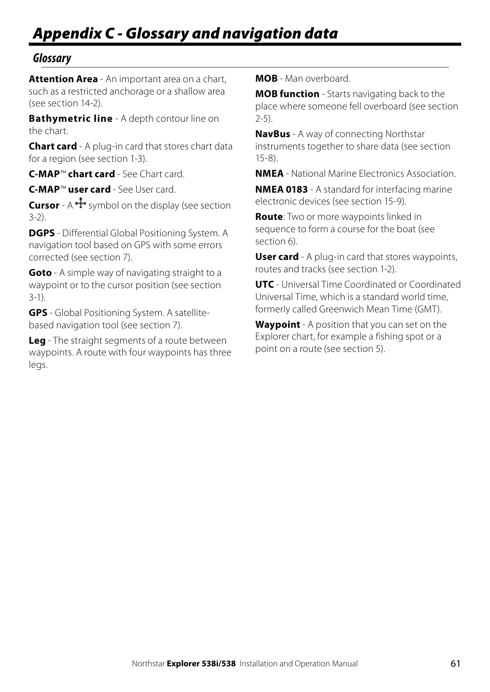 Appendix c - glossary and navigation data, Glossary | NorthStar Navigation Explorer 538i User Manual | Page 61 / 64