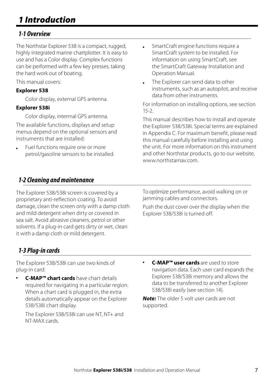 1 introduction, 2 cleaning and maintenance, 1 overview | 3 plug-in cards | NorthStar Navigation Explorer 538i User Manual | Page 7 / 64